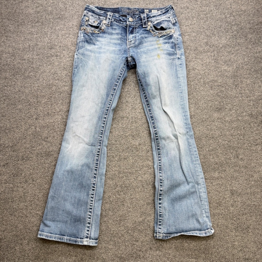Miss‎ Me Mid-Rise Easy Bootcut Jeans Blue Embellished Distressed Womens Size 26